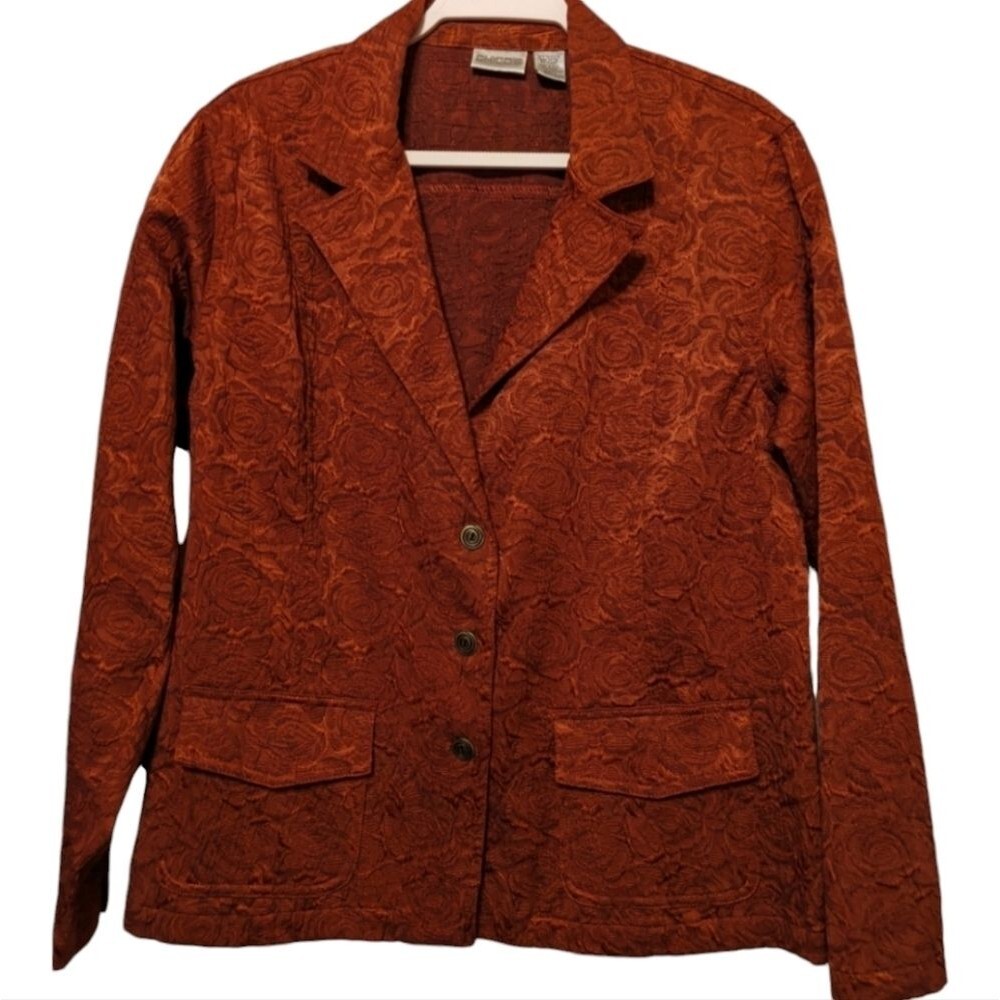 CHICOS Brown Brocade Blazer Jacket Career Unlined Classic Professional Size 2